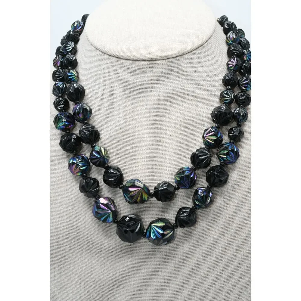 Vintage West Germany Black Iridescent Lucite Bead Necklace Double Strand